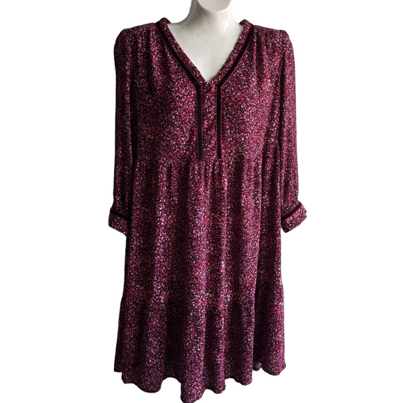 J. Jill Burgundy/Pink Floral 3/4 Sleeve Tunic Dress with black velvet trim - Picture 1 of 7